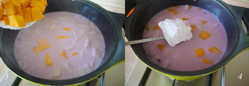 怎么制作椰汁南瓜紫薯芋头煲