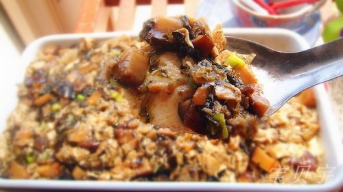 榄菜花菇蒸豆腐